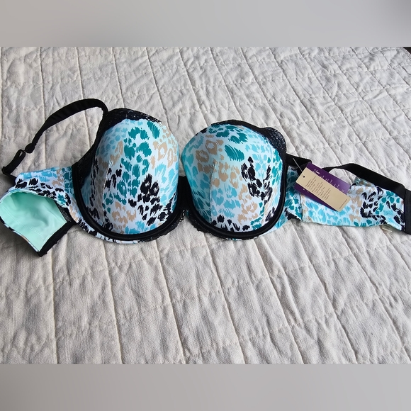 Cacique Teal Blue Cheetah Print Boost Plunge Bra - Picture 2 of 3
